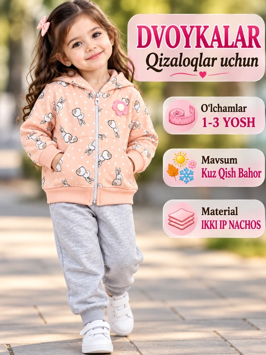 Qizaloqlar uchun chiroyli dvoykalar 1–3 yosh, kuz-qish-bahor mavsumi uchun - 