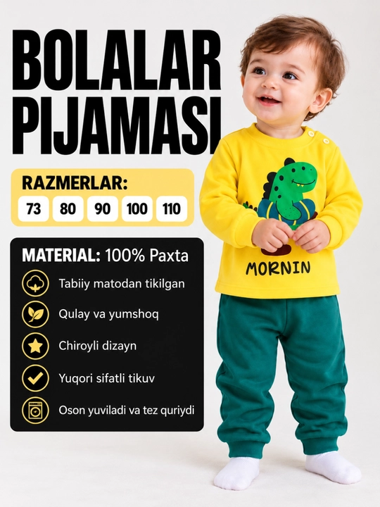 O‘g‘il bolalar va qizlar uchun pijama, 100% paxta - 