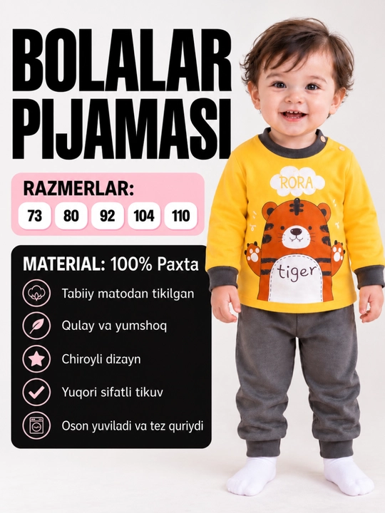 O‘g‘il bolalar va qizlar uchun pijama, 100% paxta - 