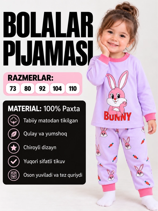 O‘g‘il bolalar va qizlar uchun pijama, 100% paxta - 