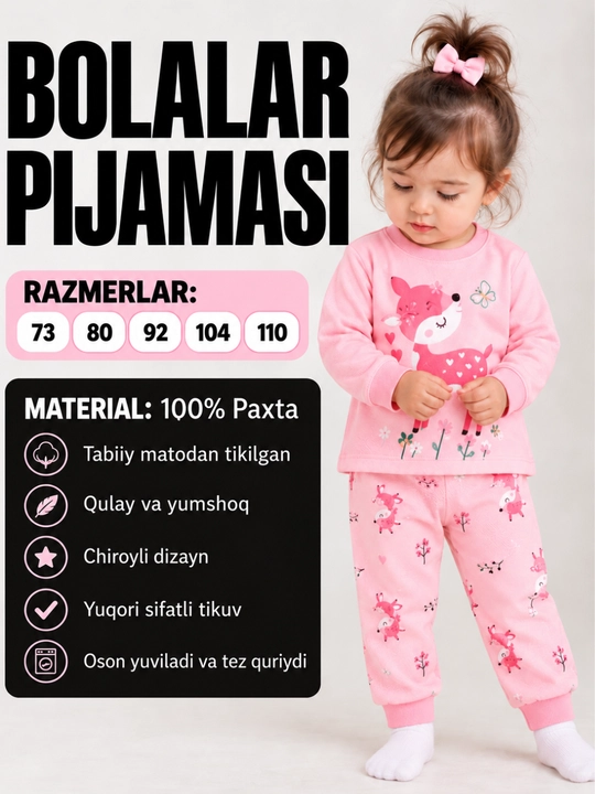 O‘g‘il bolalar va qizlar uchun pijama, 100% paxta - 