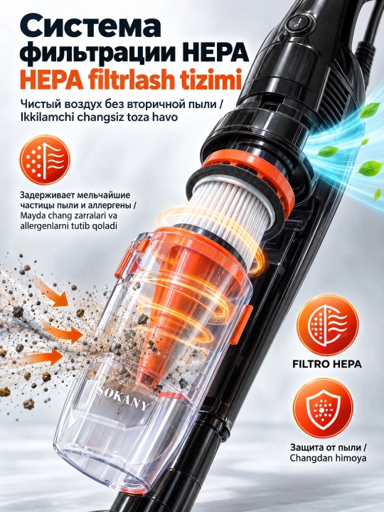 Вертикальный пылесос SOKANY SK-13036 2-в-1 ручной, 3000Вт, HEPA-фильтр