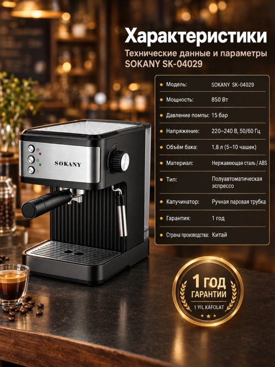 Yarim avtomatik qahva mashinasi SOKANY SK-04029, espresso+kapuchino, 15 bar