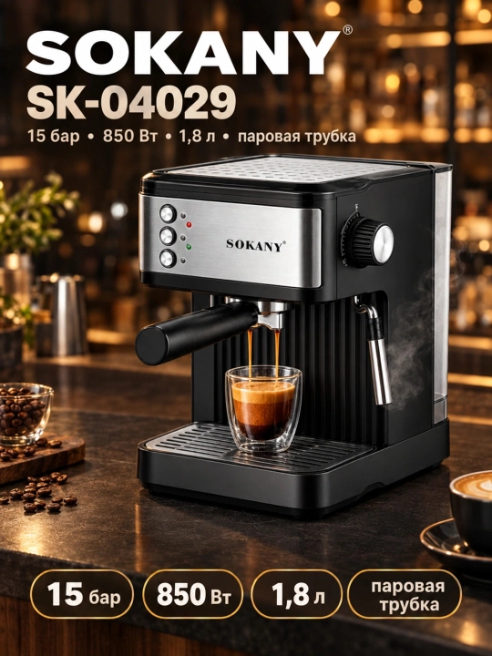 Yarim avtomatik qahva mashinasi SOKANY SK-04029, espresso+kapuchino, 15 bar - 