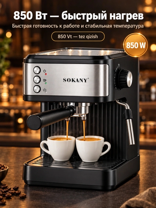 Yarim avtomatik qahva mashinasi SOKANY SK-04029, espresso+kapuchino, 15 bar