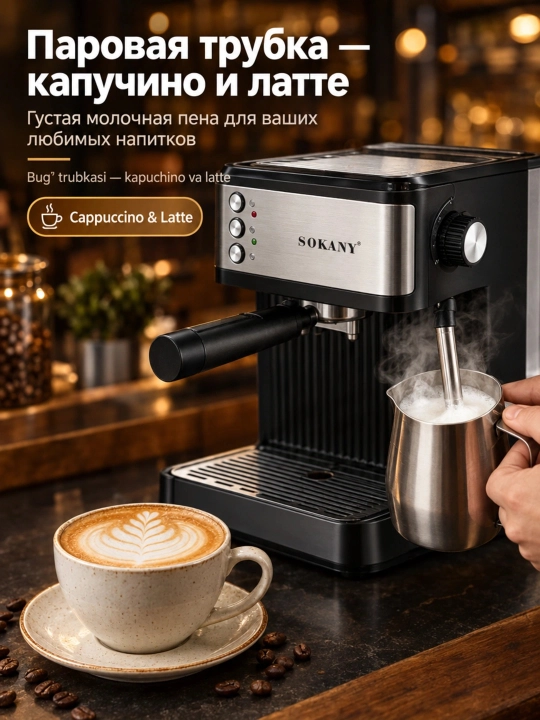Yarim avtomatik qahva mashinasi SOKANY SK-04029, espresso+kapuchino, 15 bar