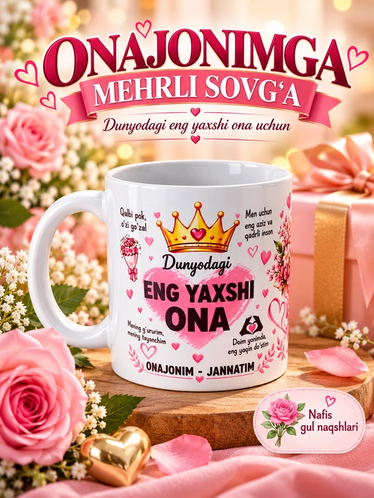 Onangiz uchun sovg‘a krujka Giftory Ona, “Dunyodagi eng yaxshi ona” yozuvli, 330 ml - 