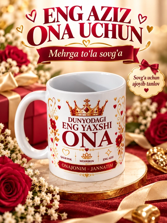 Onangiz uchun sovg‘a krujka Giftory Ona, “Dunyodagi eng yaxshi ona” yozuvli, 330 ml - 