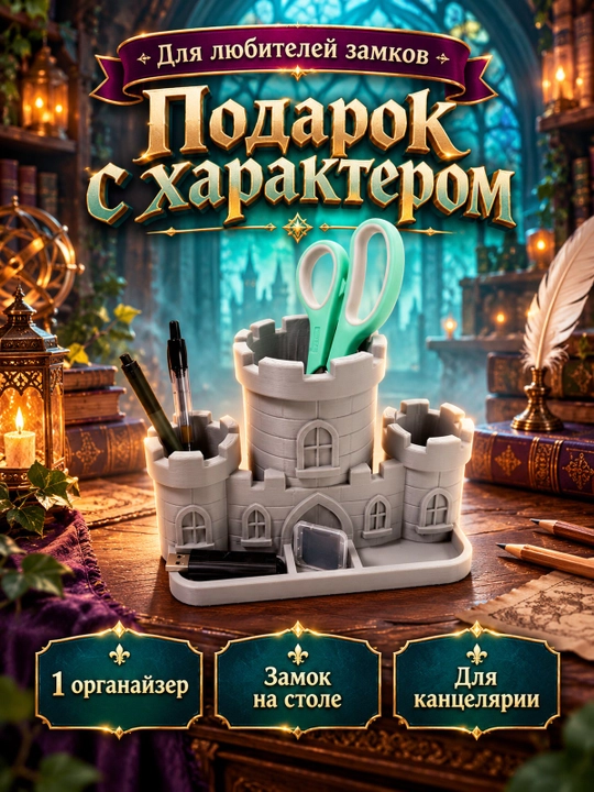Настольный органайзер Замок для канцелярии, серый