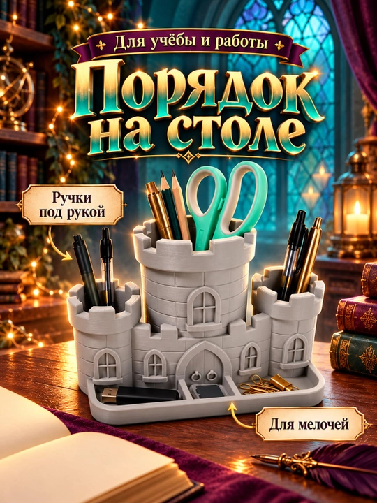 Настольный органайзер Замок для канцелярии, серый