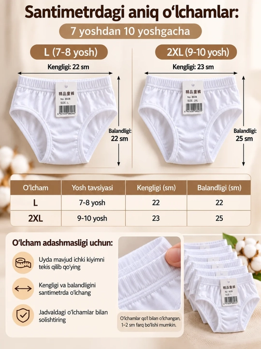 Qizlar uchun oq trusik, to‘plam, 5 dona, bolalar trusiklari, paxtadan, ichki kiyimlar