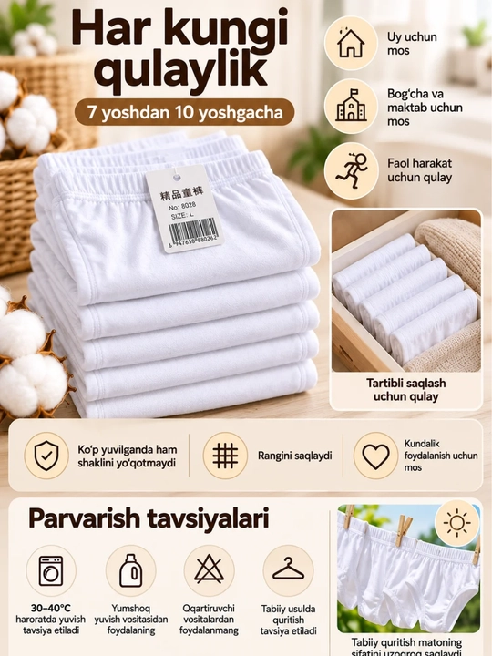 Qizlar uchun oq trusik, to‘plam, 5 dona, bolalar trusiklari, paxtadan, ichki kiyimlar