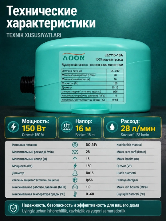 Suv bosimini oshiruvchi nasos BosimPro MOON 15-16A 24V, bosim kuchaytirgich nasos