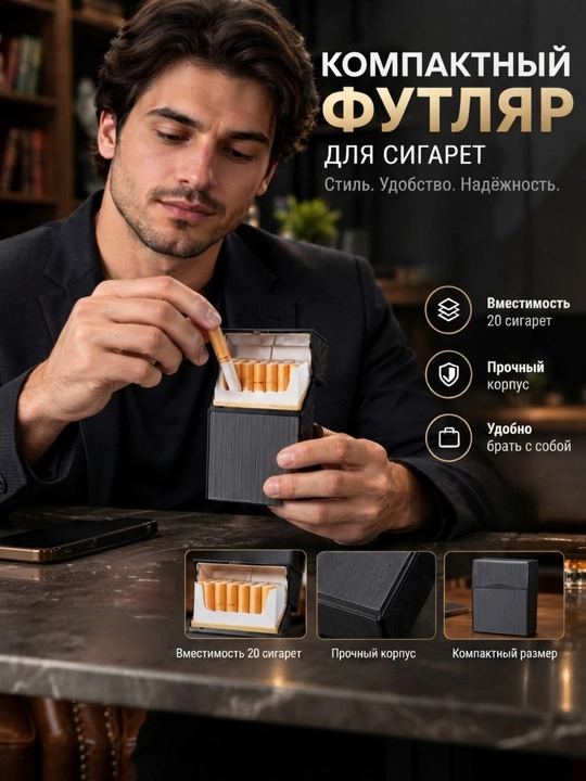 Мужской портсигар, компактный футляр для сигарет - 