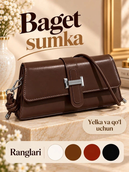 Ayollar uchun ekocharmdan tayyorlangan yelka va qo‘lga osiladigan baget sumkasi, kross-bodi klatchi