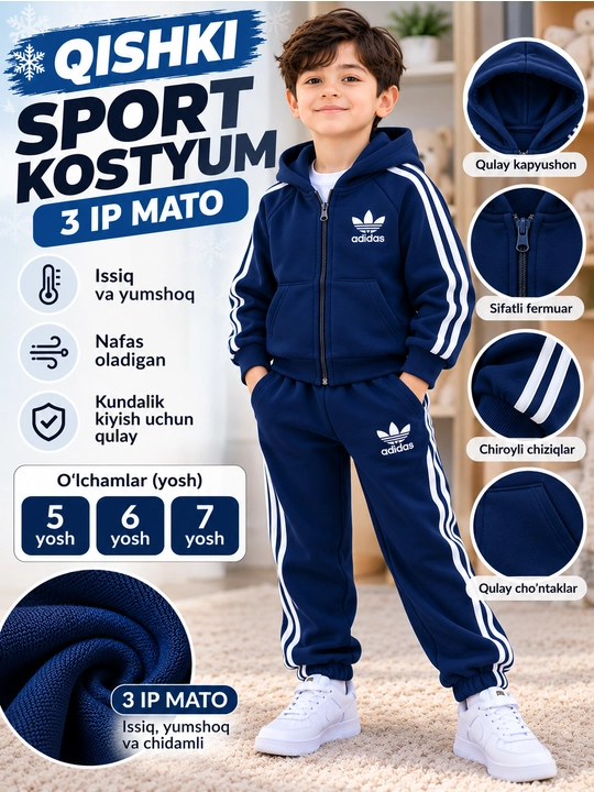 5-7 yoshli o‘g‘il bolalar uchun Adidas qishki sport kostyumi, issiq 2 baho