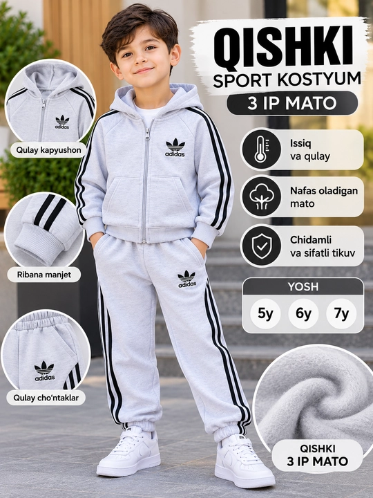 5-7 yoshli o‘g‘il bolalar uchun Adidas qishki sport kostyumi, issiq 2 baho