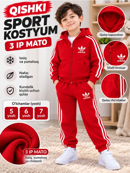 5-7 yoshli o‘g‘il bolalar uchun Adidas qishki sport kostyumi, issiq 2 baho