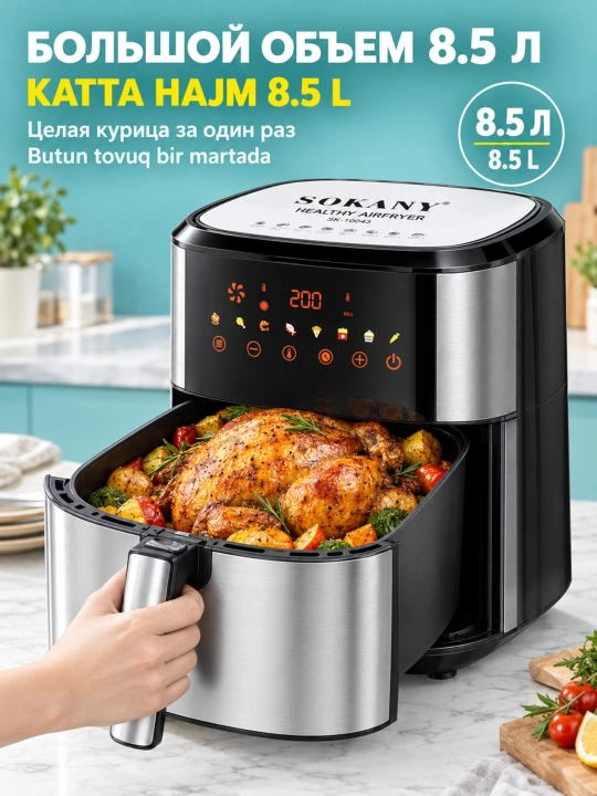 SK-10043 aerofrityurnik, 8, 5 l, 2000 Vt, sensorli boshqaruv, 360°° havo aylanishi