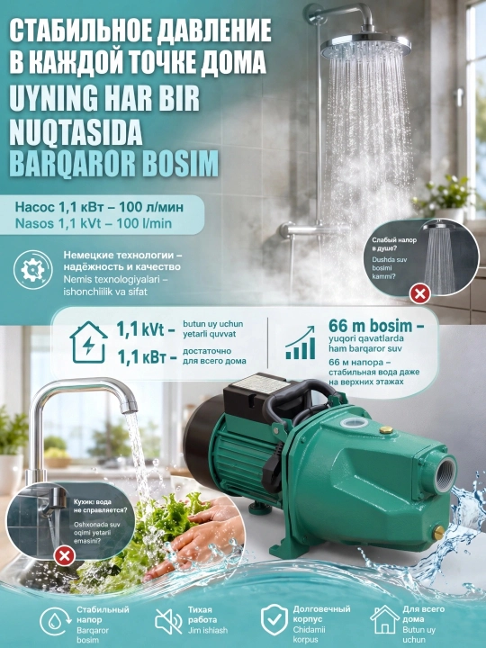 MOON Aqlli invertorli suv nasosi, 66 m bosim, 100 L/min, uy va bog‘ uchun