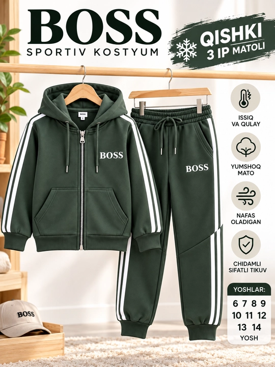 O‘g‘il bolalar uchun BOSS qishki sport kostyum, 3 ip mato, dvoyka, 6–14 yosh