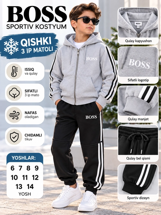 O‘g‘il bolalar uchun BOSS qishki sport kostyum, 3 ip mato, dvoyka, 6–14 yosh