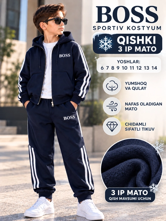 O‘g‘il bolalar uchun BOSS qishki sport kostyum, 3 ip mato, dvoyka, 6–14 yosh