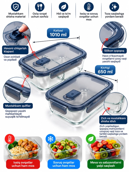 Lanchboks va termosumka to‘plami, oziq-ovqat uchun konteyner, 1010-650 ml