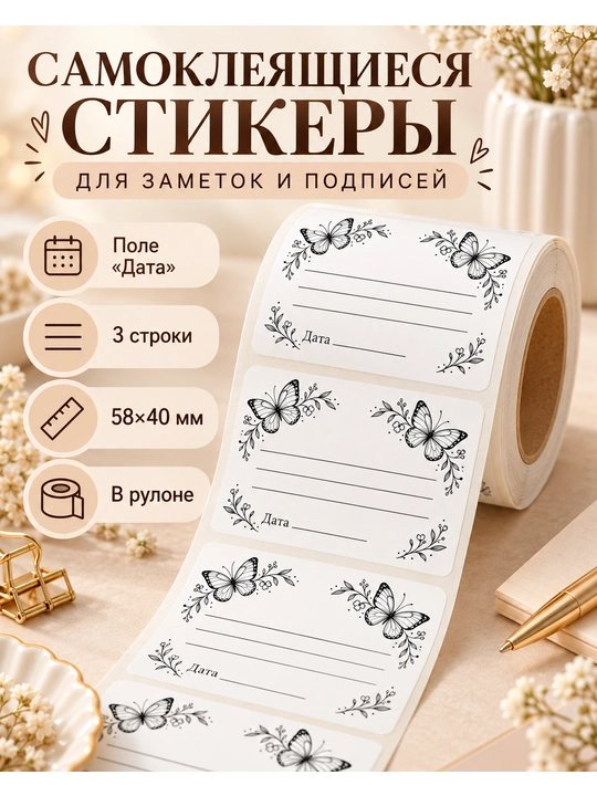 Самоклеящиеся наклейки для заметок и подписей 58×40 мм, термостикеры с цветочным узором - 