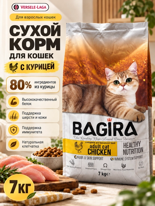 BAGIRA корм для кошек, сухой корм для кошек, корм для взрослых кошек, кошачий корм 7 кг - 