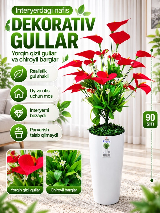 Sun’iy gullar, dekorativ gul tuvakda, qizil anturium, kala, uy va ofis uchun, sovg`a - 