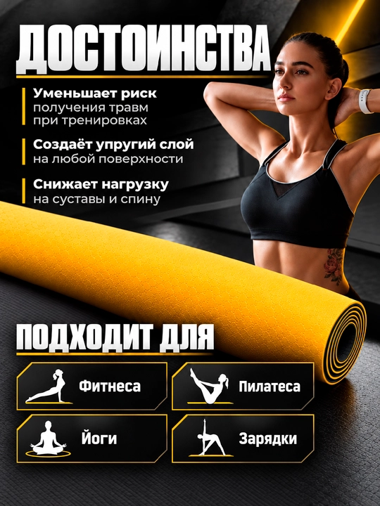 Коврик для йоги и фитнеса TPE, 6 мм, спортивный, гимнастический, нескользящий