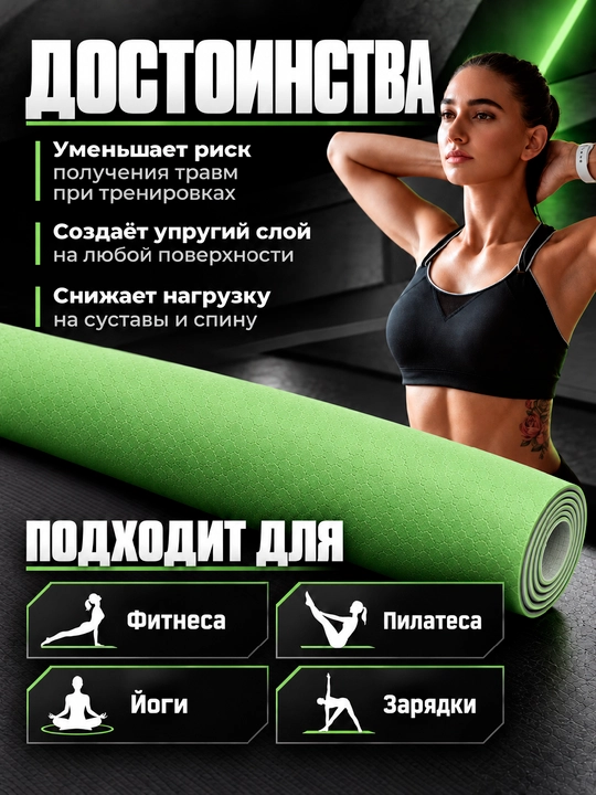 Коврик для йоги и фитнеса TPE, 6 мм, спортивный, гимнастический, нескользящий