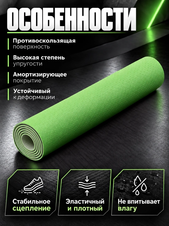 Коврик для йоги и фитнеса TPE, 6 мм, спортивный, гимнастический, нескользящий