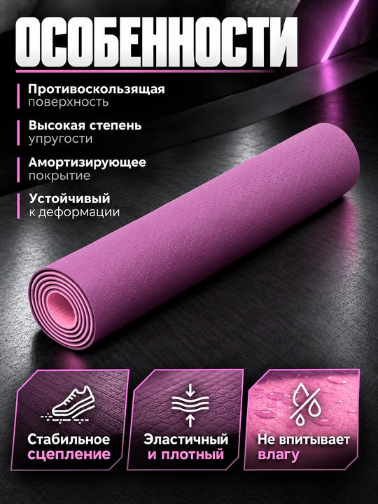 Коврик для йоги и фитнеса TPE, 6 мм, спортивный, гимнастический, нескользящий