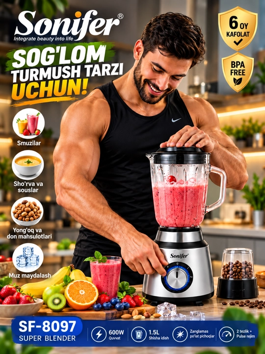 Sonifer SF-8097 blender 600W, 1.5 litr — oshxona uchun qulay blender