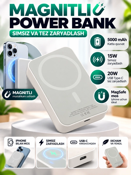 Магнитный беспроводной Power Bank 5000 мАч, MagSafe, USB-C, серый - 