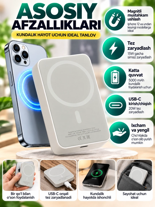 Magnitli simsiz Power Bank 5000 mAh, MagSafe, USB-C, kulrang