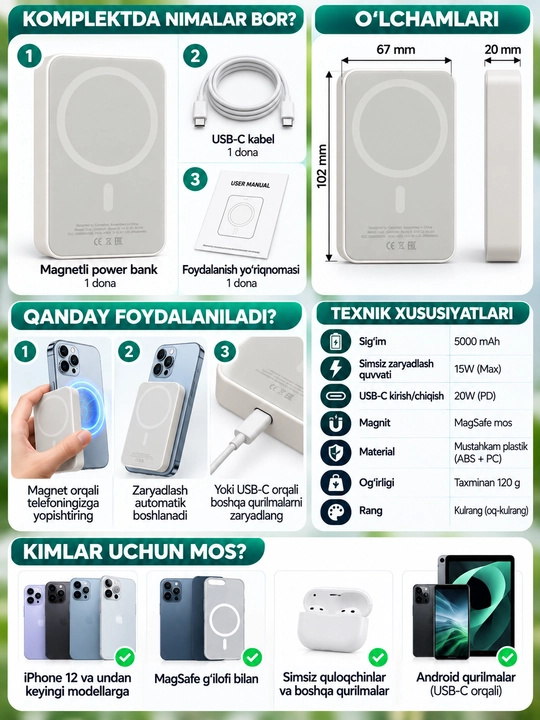 Magnitli simsiz Power Bank 5000 mAh, MagSafe, USB-C, kulrang