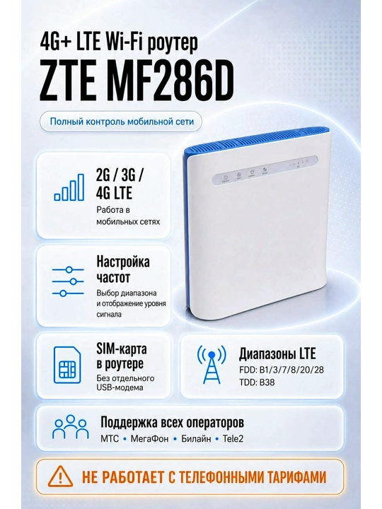 3G/4G роутер ZTE MF286D Cat.12, 600мбит/с WIFI 2.4 5 Ггц с сим слотом, RJ11 - 
