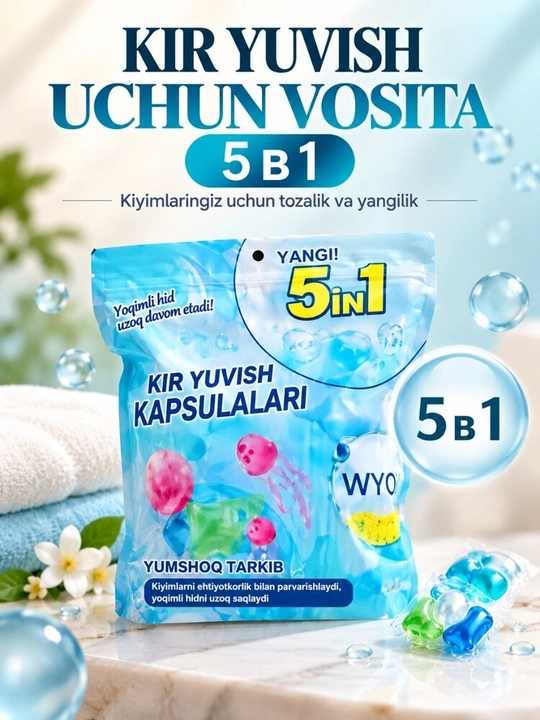 Konditsioner va xushbo'y hidli 5 tasi 1 da yuvish kapsulalari 60 dona - 