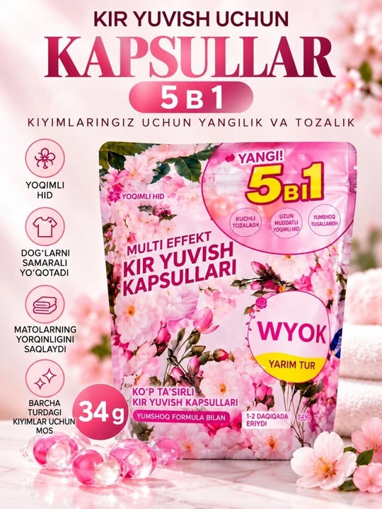 Konditsioner va xushbo'y hidli 5 tasi 1 da yuvish kapsulalari 60 dona - 