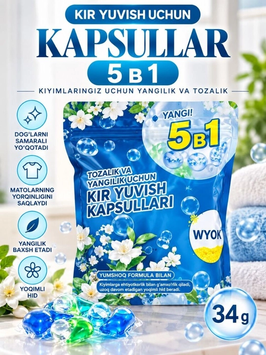 Konditsioner va xushbo'y hidli 5 tasi 1 da yuvish kapsulalari 60 dona - 
