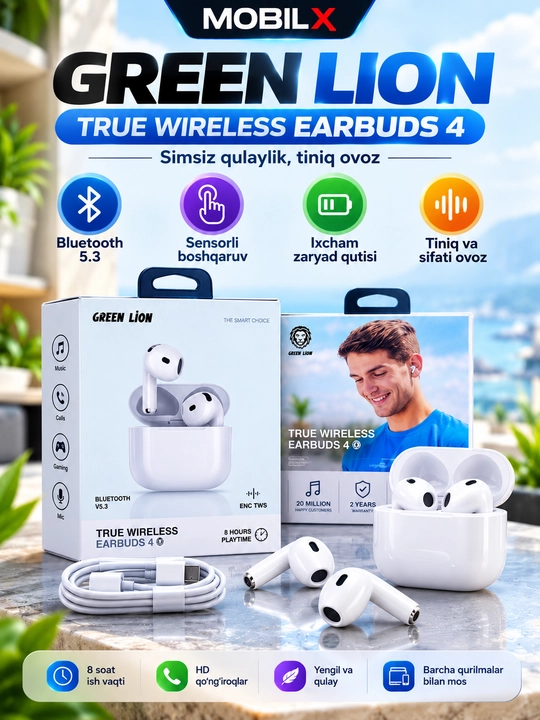 Беспроводные наушники Green Lion True WireleEarbuds 4 – Bluetooth 5.3, ENC, 5 часов работы - 