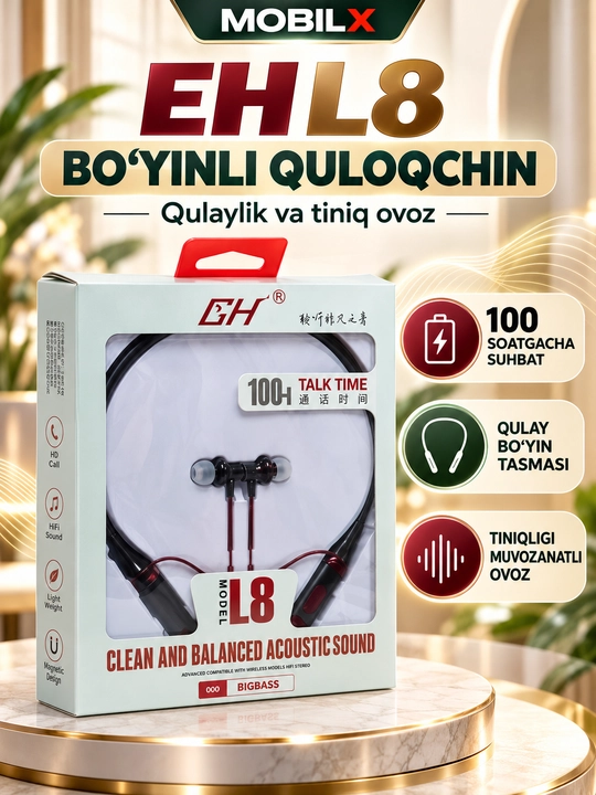 EH L8 Bluetooth наушники с шейным ободом, 10 часов, BigBass - 