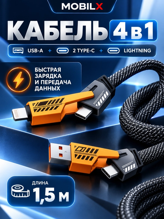 Кабель 4 в 1 USB-A + 2 Type-C + Lightning PD 27W 1.5м Быстрая зарядка - 
