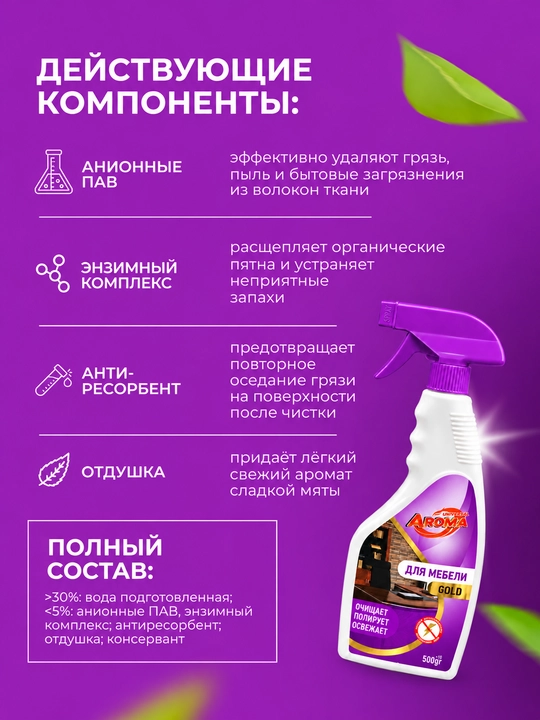 AROMA Gold - mebel uchun tozalovchi va jilo beruvchi antistatik sprey, 500 g