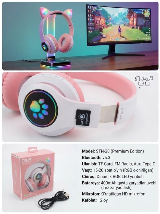 Bolalar uchun simsiz quloqchin Bluetooth mushuk quloqchali