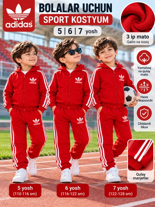 Adidas bolalar sport kostyumi, kofta va shim, 5-7 yosh - 