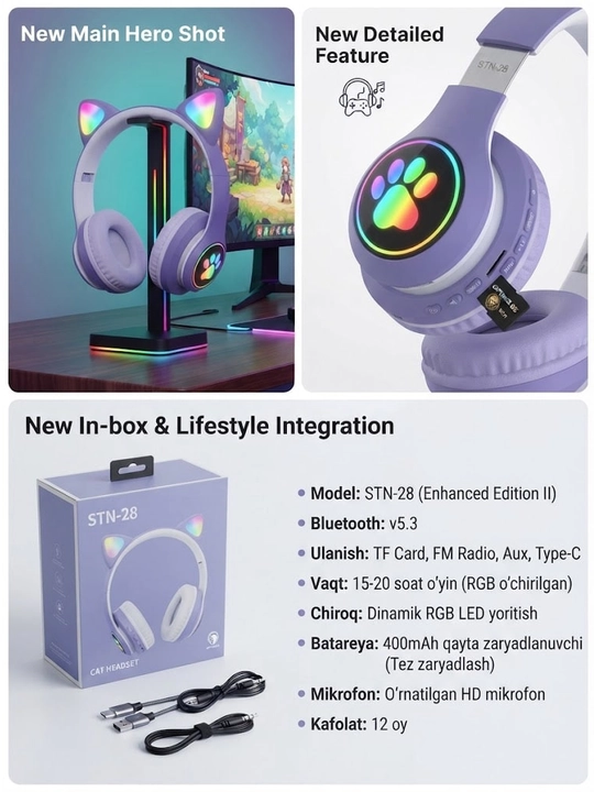Bolalar uchun simsiz quloqchin Bluetooth mushuk quloqchali